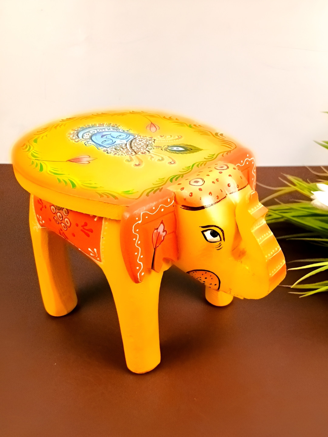 apka mart Yellow & Green Printed Elephant Stool Showpiece
