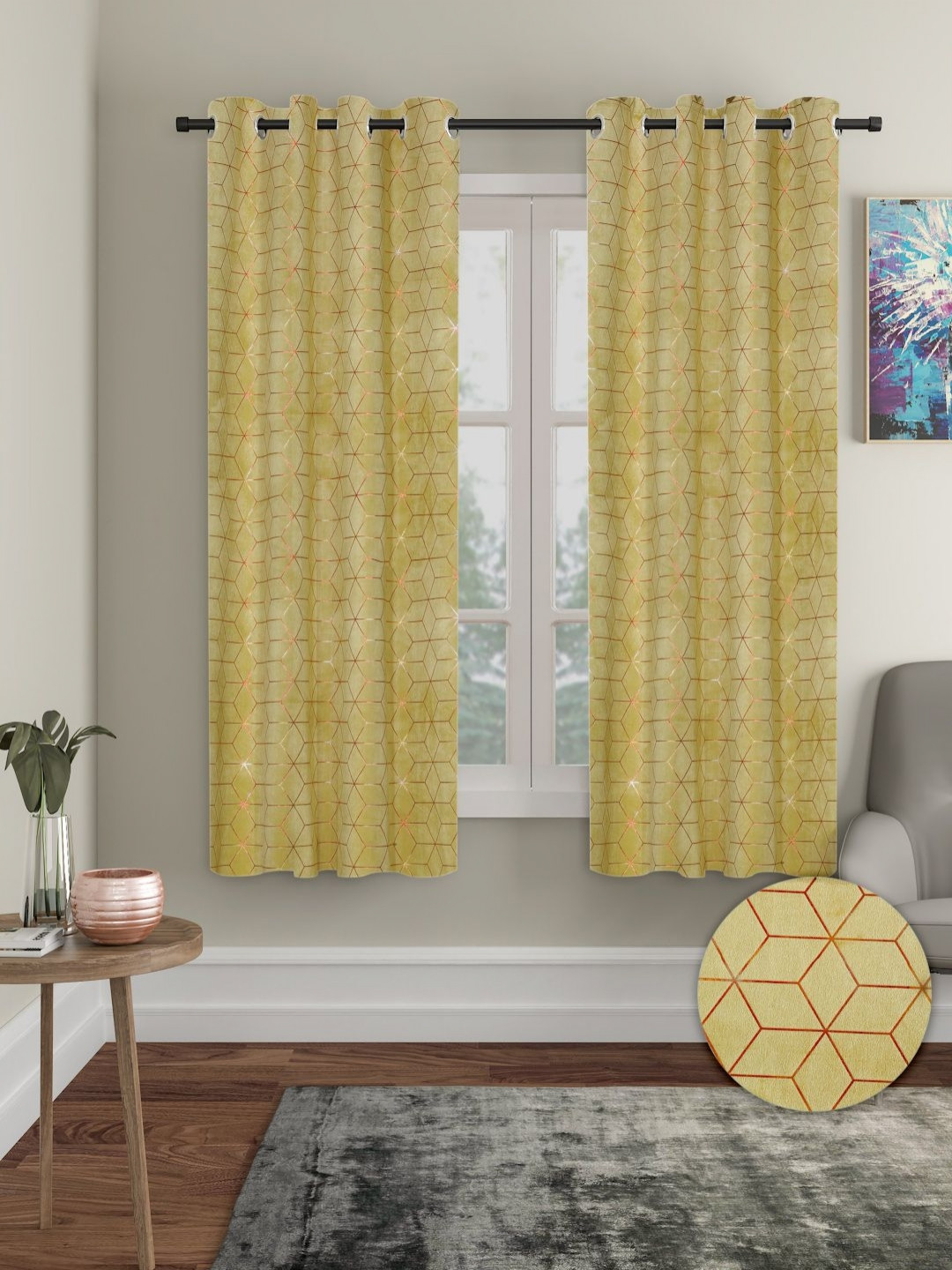 Myntra Elegant Homes Mustard & Red Set of 2 Geometric Window