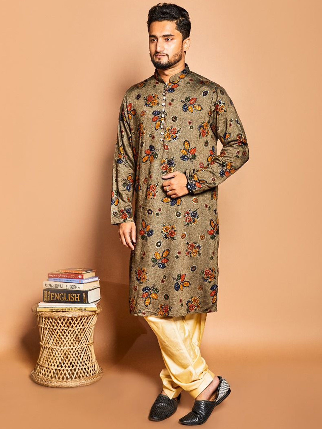 fABRIQ BY FFACE Floral Printed Mandarin Collar Cotton Straight Kurta