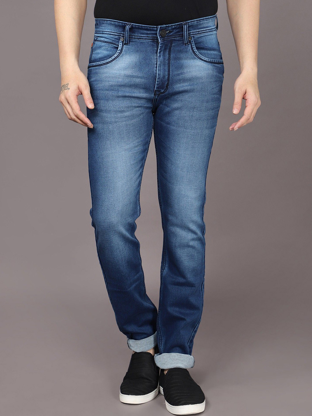 RJ Denim Men Narrow Regular Fit Mid-Rise  Low Distress Heavy Fade Stretchable Jeans