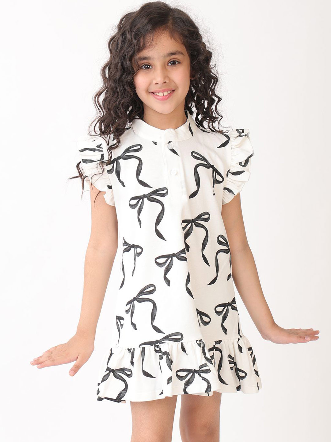 Anthrilo Girls Summer Black Bow Frill Dress Off White