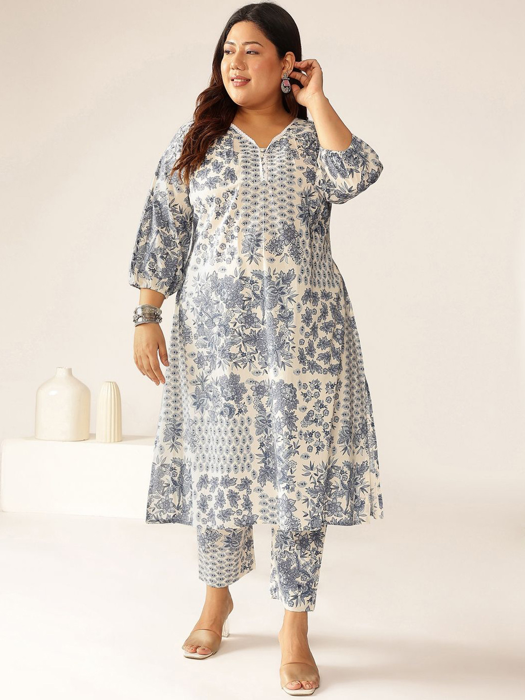 KALINI Women's Plus Size Floral Printed Pure Cotton A-Line Kurta Set