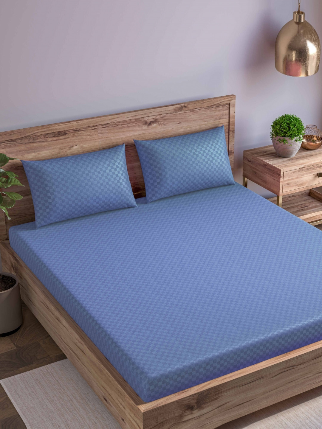 Trance Home Linen Blue Printed Cotton 300 TC Fitted Queen Bedsheet Set- 1.90 m x 1.82 m