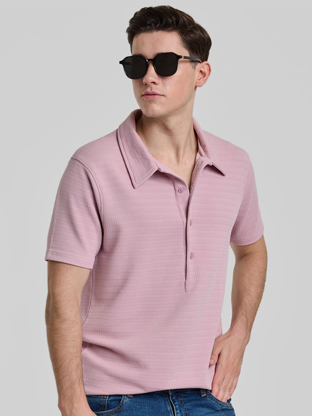 Snitch Pink Polo Collar Self Design Slim Fit T-shirt