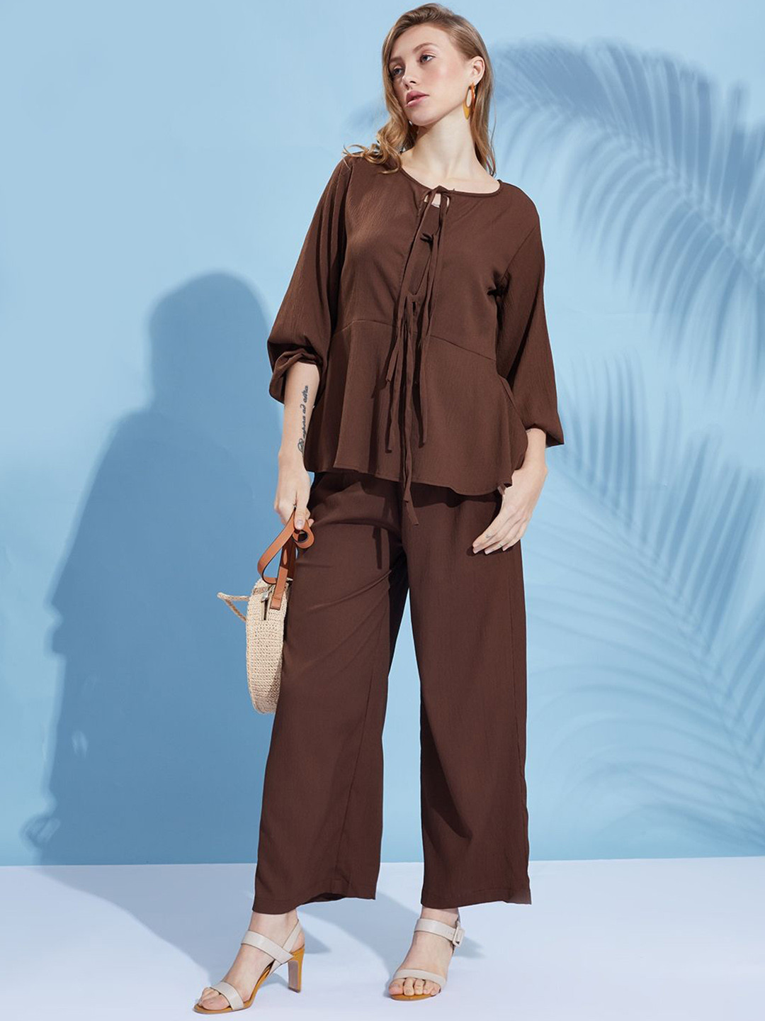 all about you Textured Tie-Up Peplum Top With Trouser