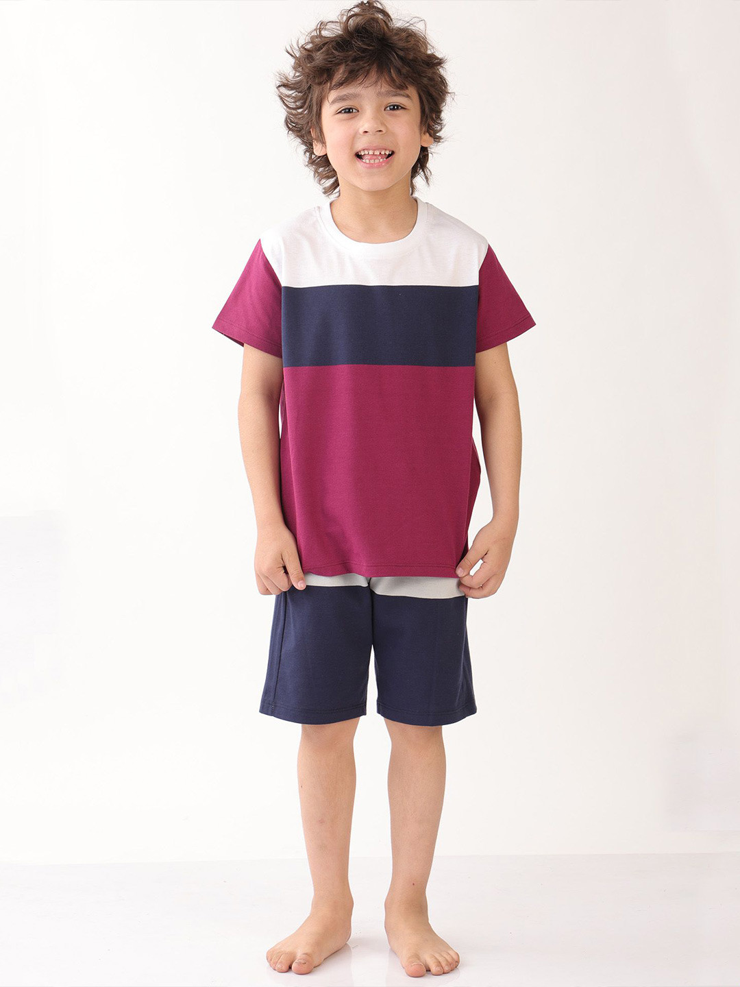 Anthrilo Boys Summer Navy Mehroon Greyt Striped Conmtrast Sleepwear Shorts Set