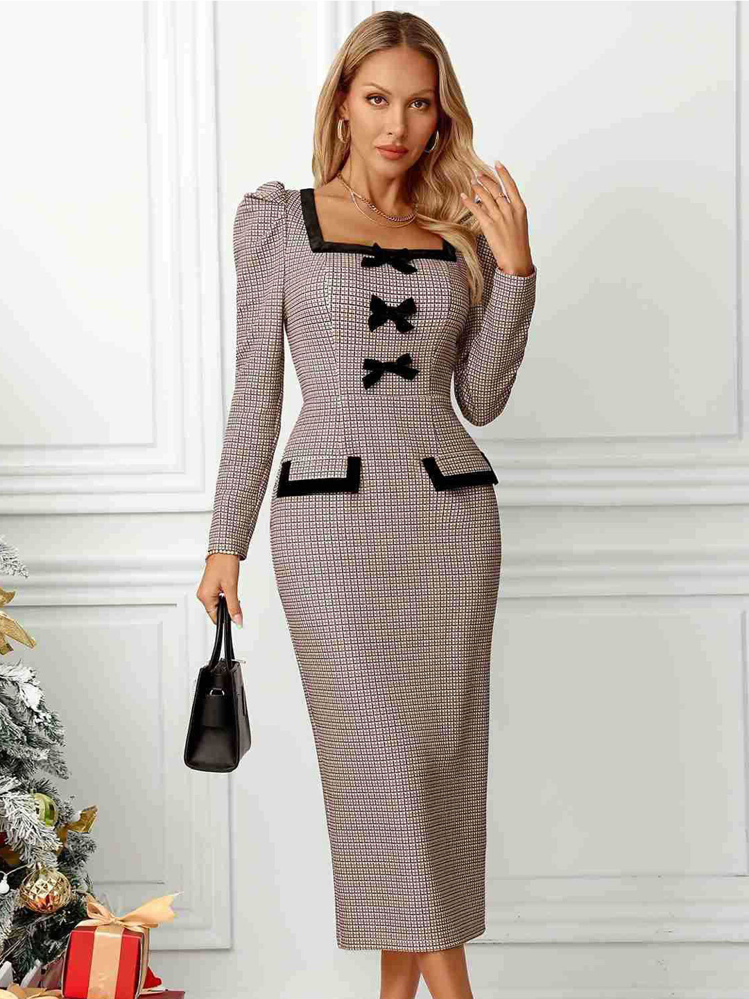 all about you Checked Bow Detail Sheath Midi Dress