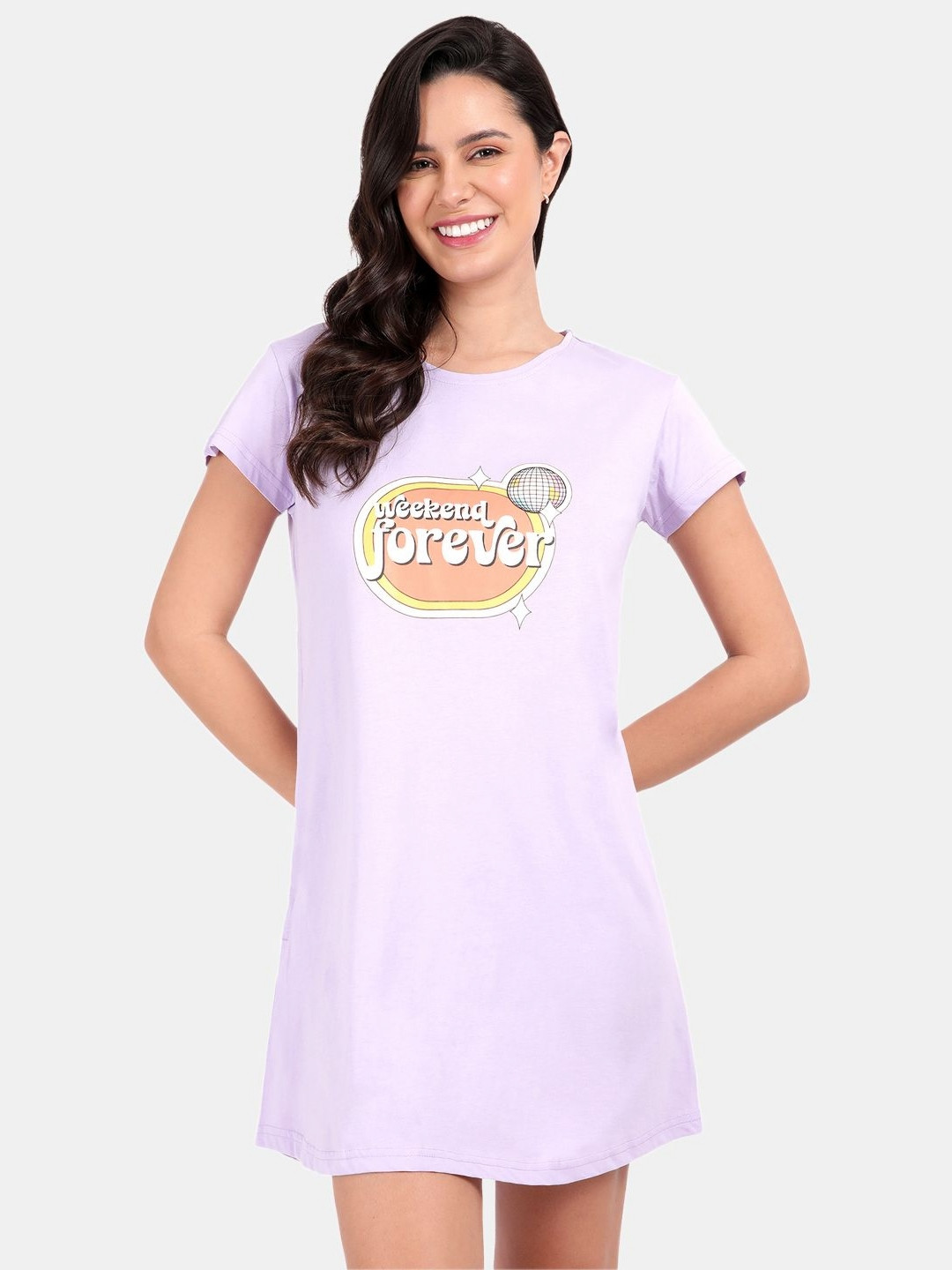 SNAPPY B Typography Printed Cotton T-shirt Nightdress