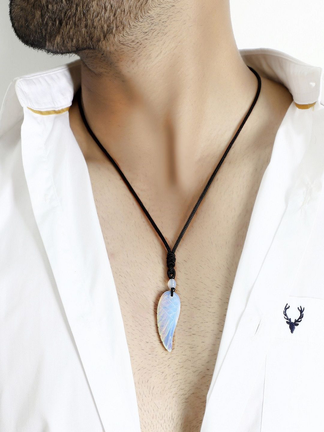 Nirvana Men Stainless Steel Opal Carved Feather Shaped Ethiopian Angel Wing Pendant