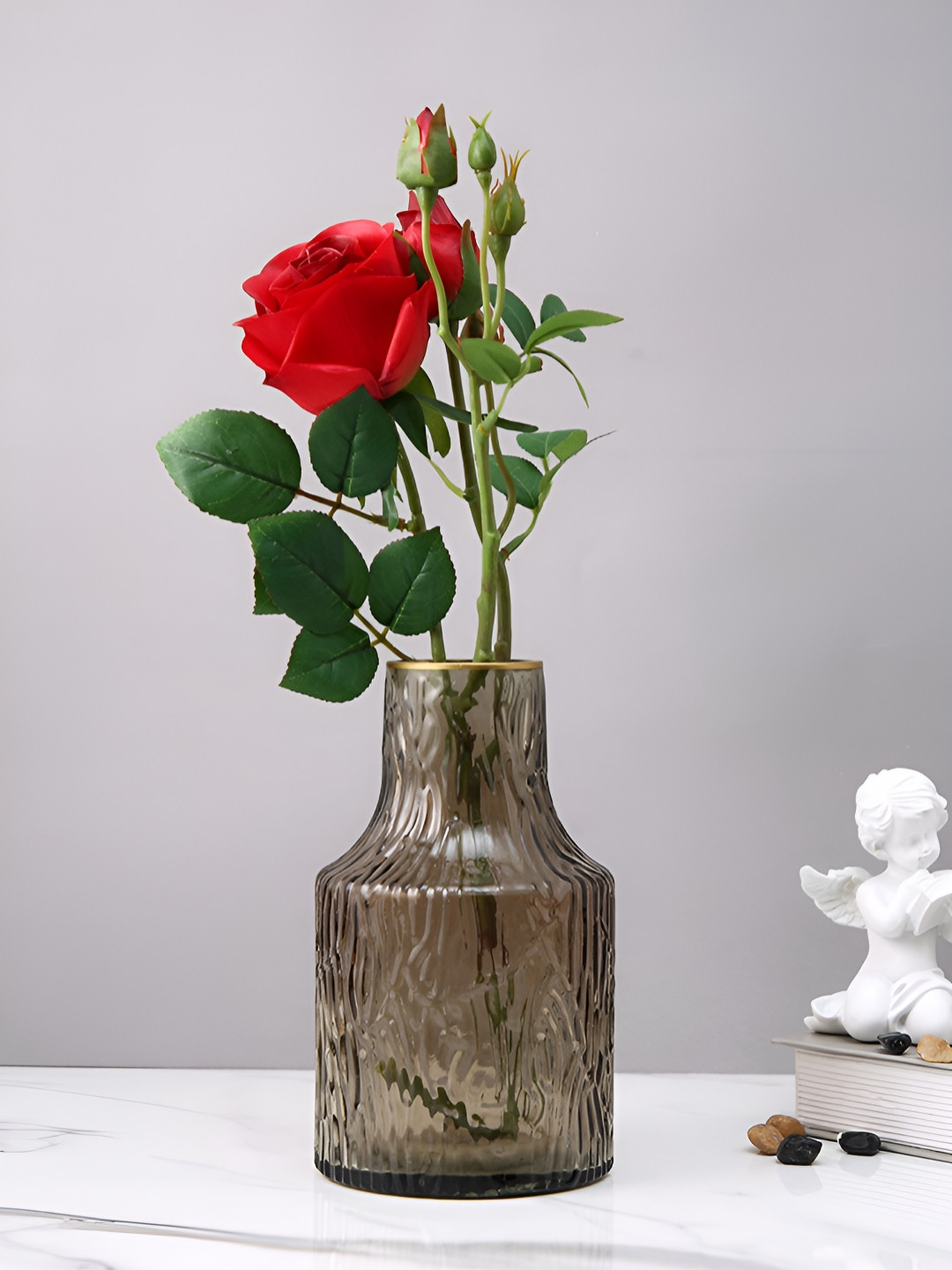 TAYHAA Amber Noir Ripple Brown Textured Glass Flower Vase