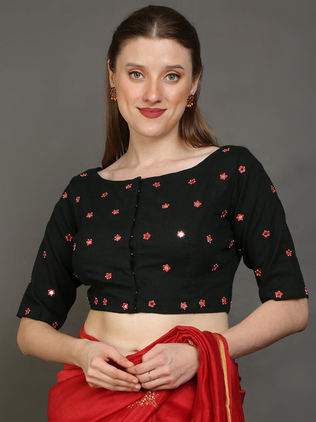 PALASH Hand Embroidered Cotton Mirror Work Slub Saree Blouse