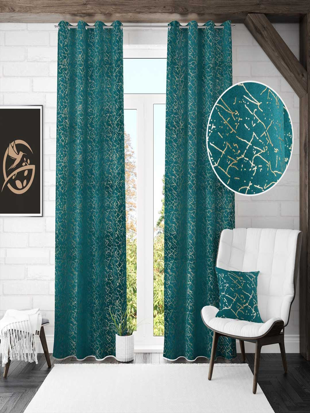 Galaxy Home Decor Blue 2 Pcs Abstract Foil Print Velvet Room Darkening Long Door Curtains