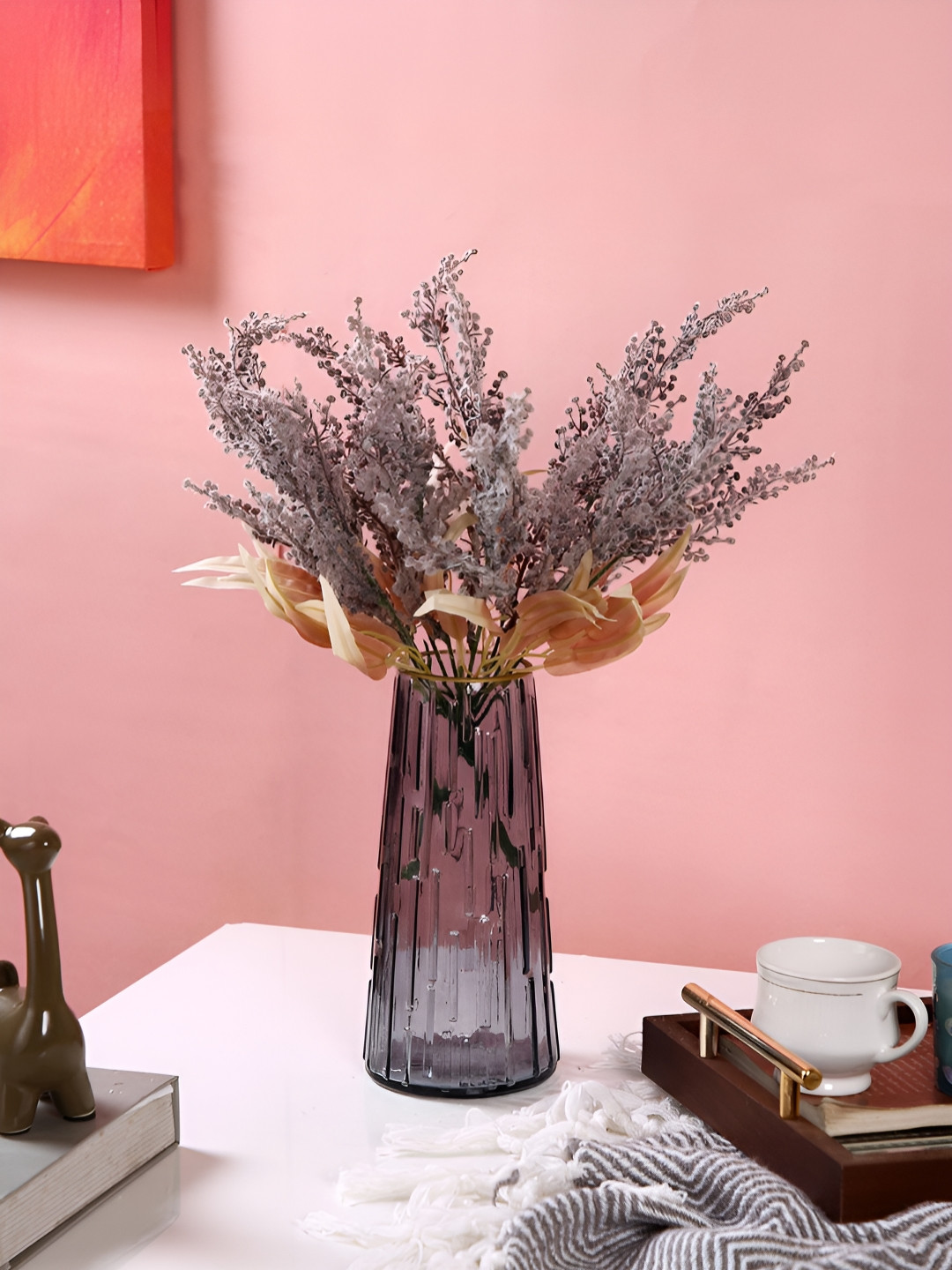 Myntra Elegant Homes Dusky Amethyst Luxe Grey Textured Glass Flower Vase