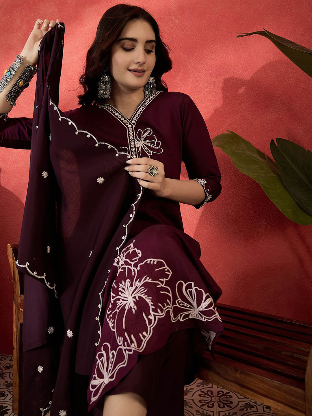 Sangria Embroidered V-Neck Kurta With Trousers & Scalped Dupatta