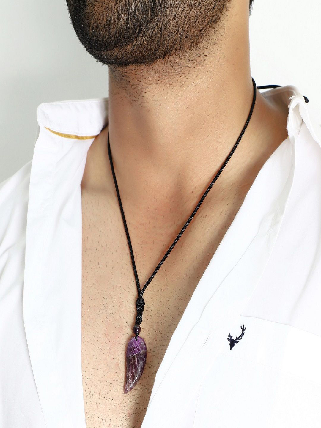 Nirvana Men Stainless Steel Amethyst Carved Feather Shaped Angel Wing Rope Pendant