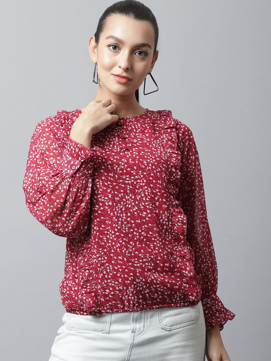 JAKANARY Floral Micro Print Ruffles Cuffed Sleeve Top