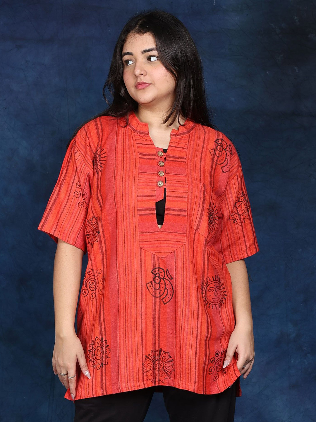 Exotic India Printed Hindu Religious Symbols Short Cotton Kurti with Pinstripe Pattern