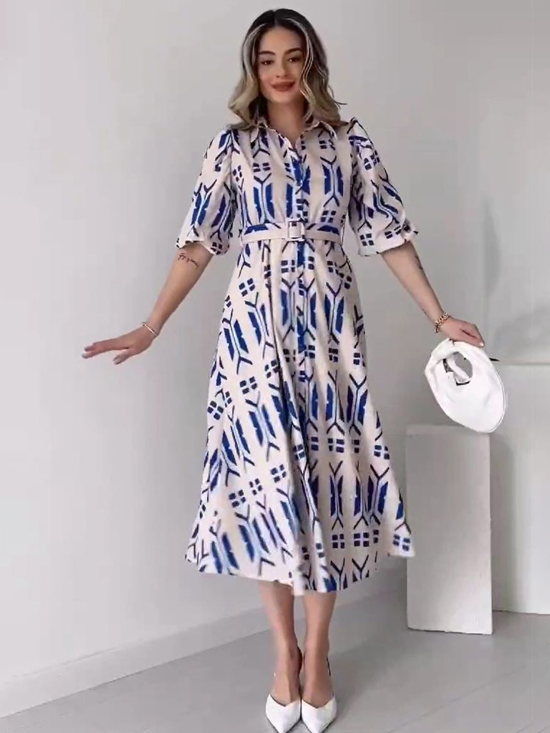 PIMU Print Shirt Collar Puff Sleeves Shirt Midi Dress With Comes with a belt