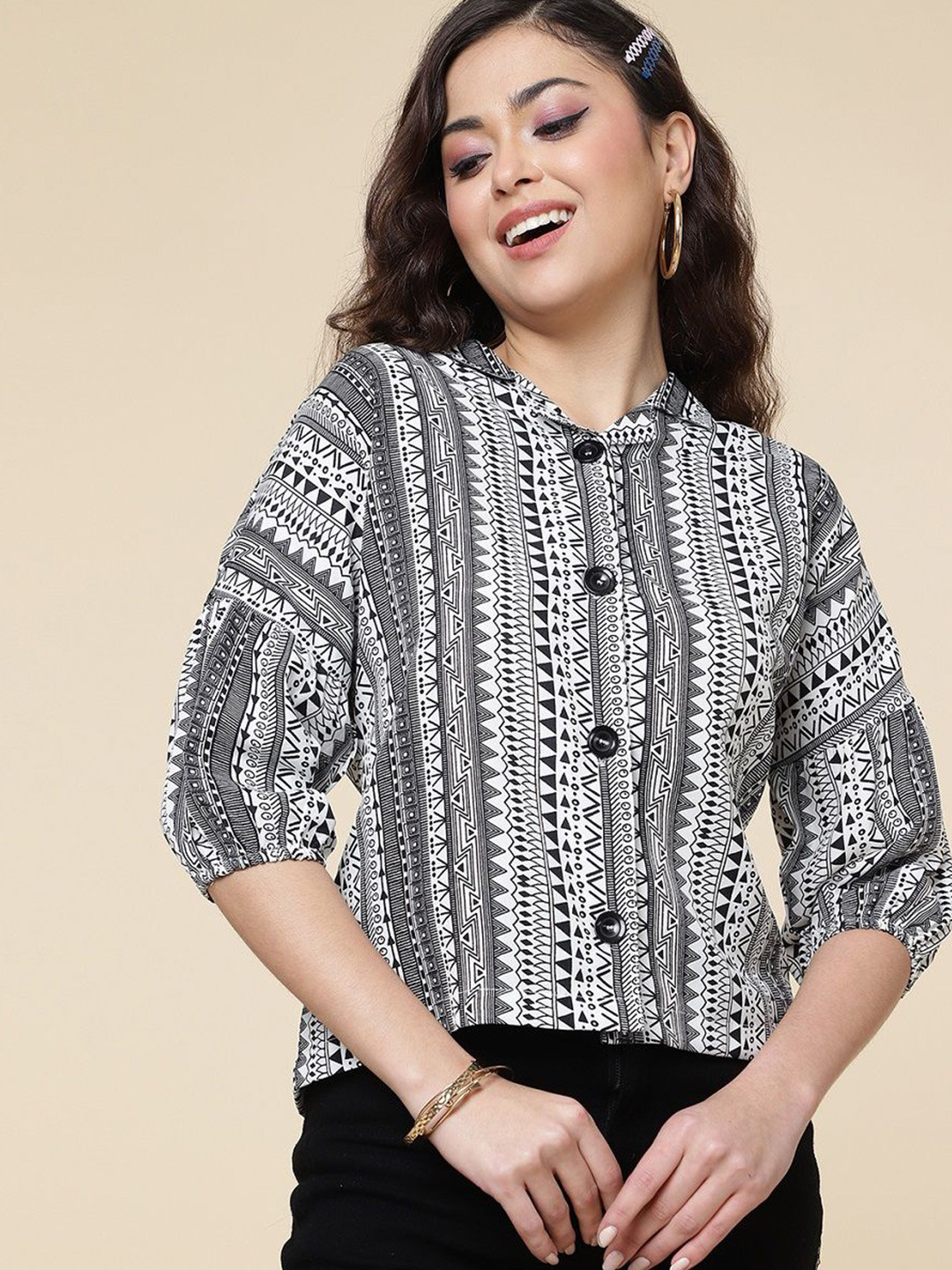 Metronaut Smart Geometric Printed Opaque Boxy Party Shirt