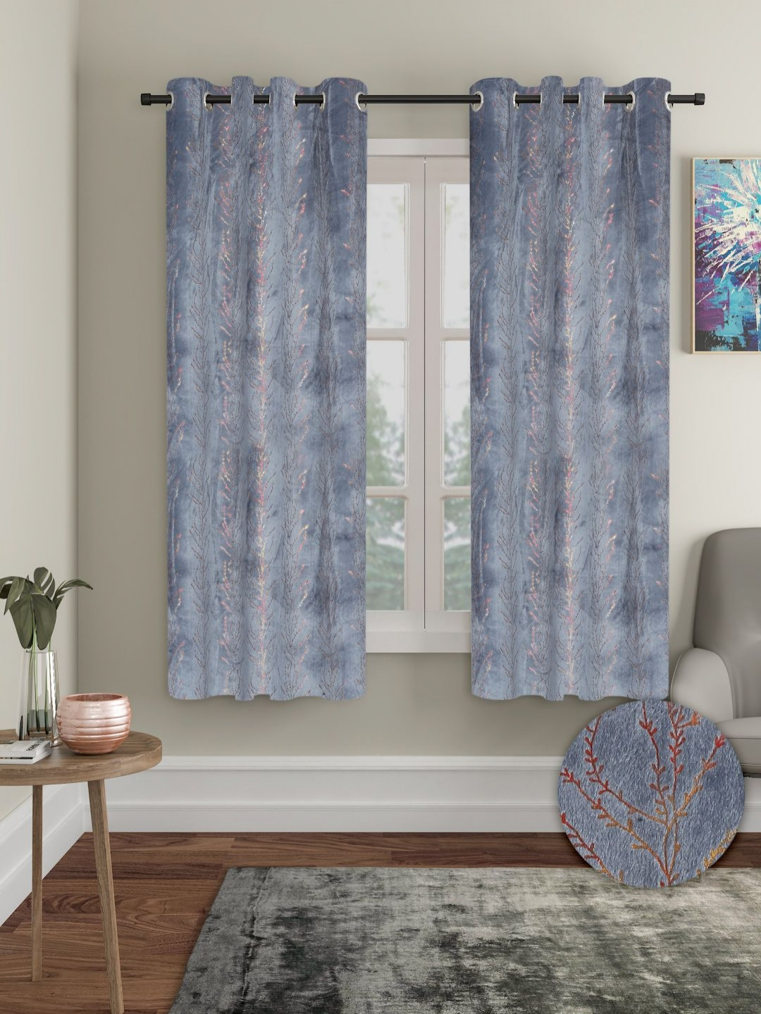 Myntra Elegant Homes Grey & Gold-Toned 2 Pieces Velvet Self Design Window