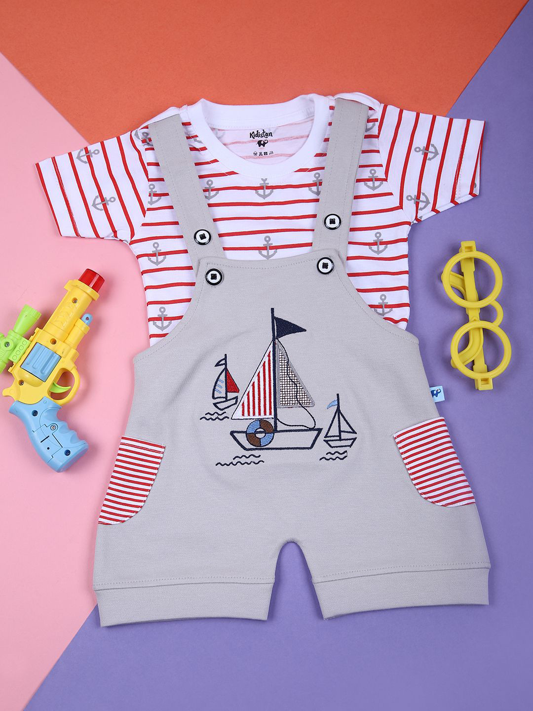 V-Mart Infant Boys Striped Cotton Coordinated Set Dungaree