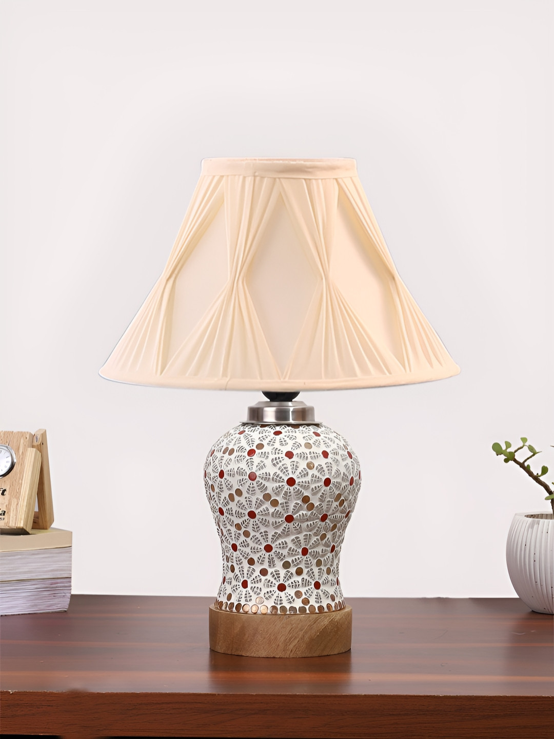 Devansh White & Red Printed Frustum Shaped Wooden Table Lamp