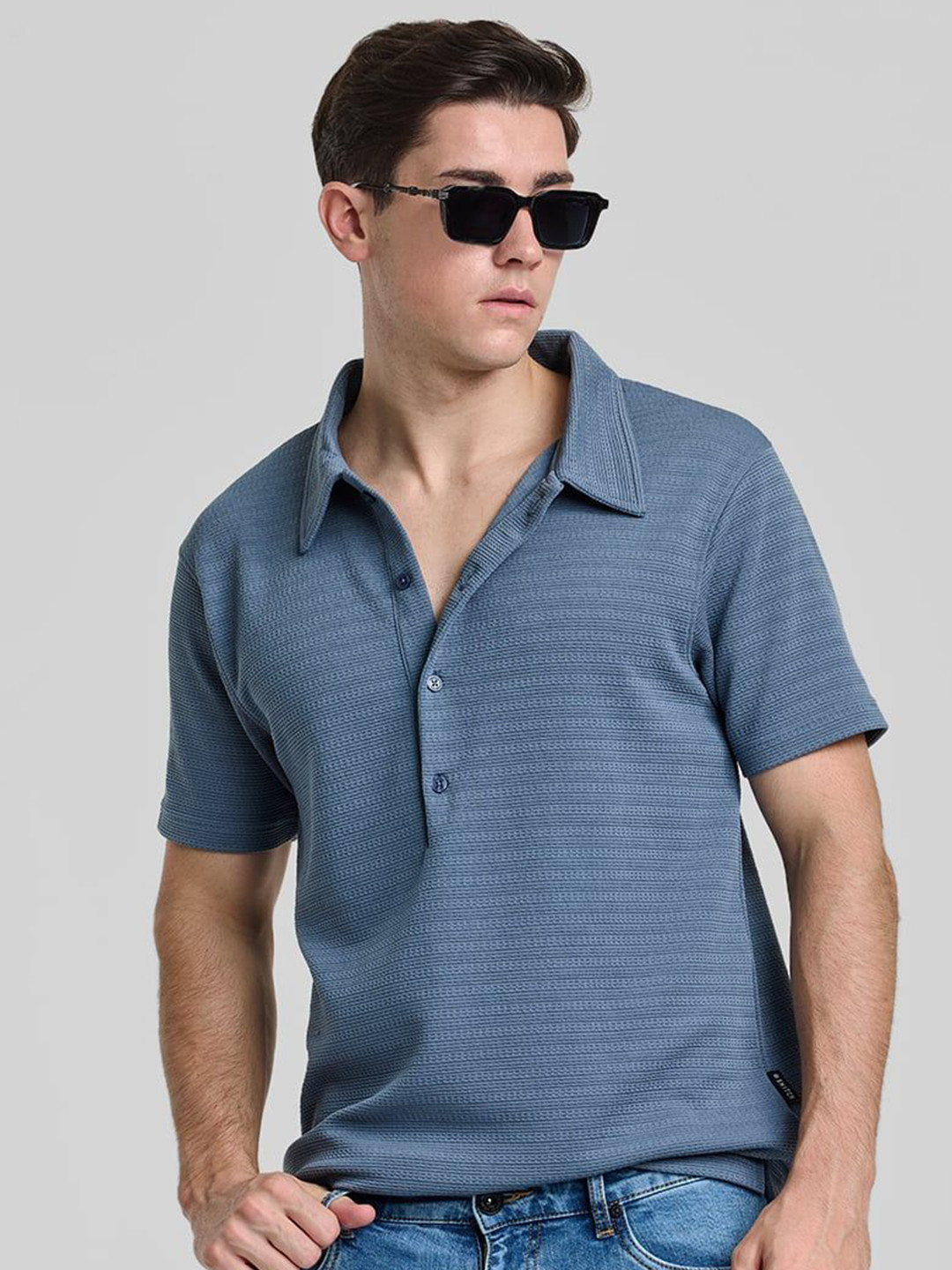 Snitch Blue Polo Collar Slim Fit Self Design T-shirt