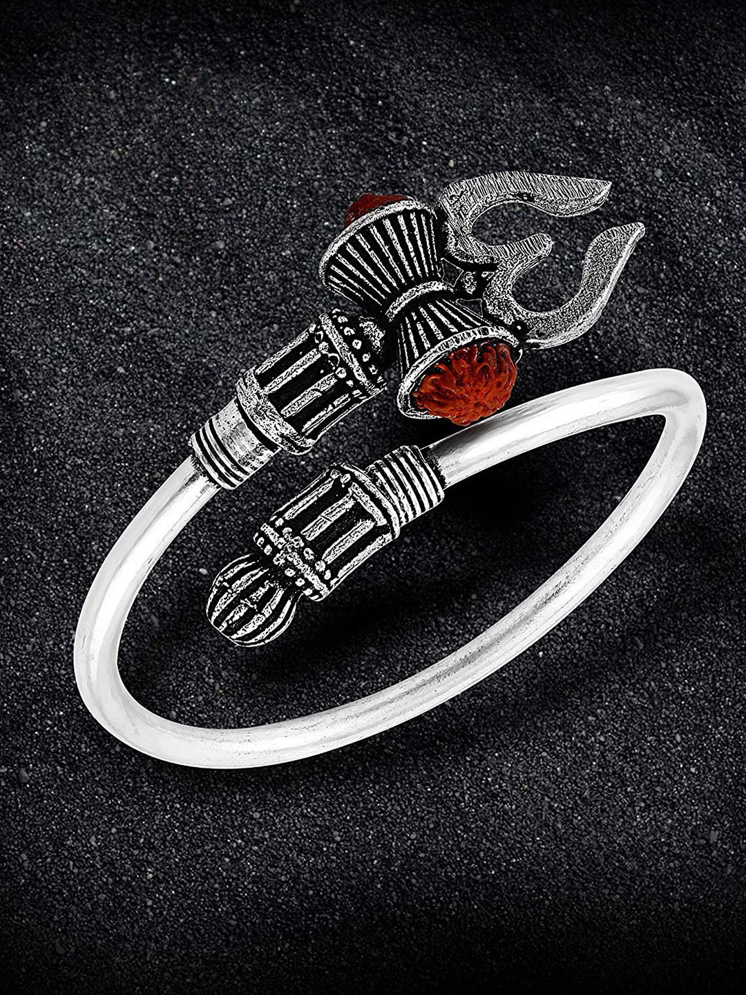 Stylewell Silver-Plated Rudraksha Oxidized Shiva Trishul Damroo Kada Bracelet