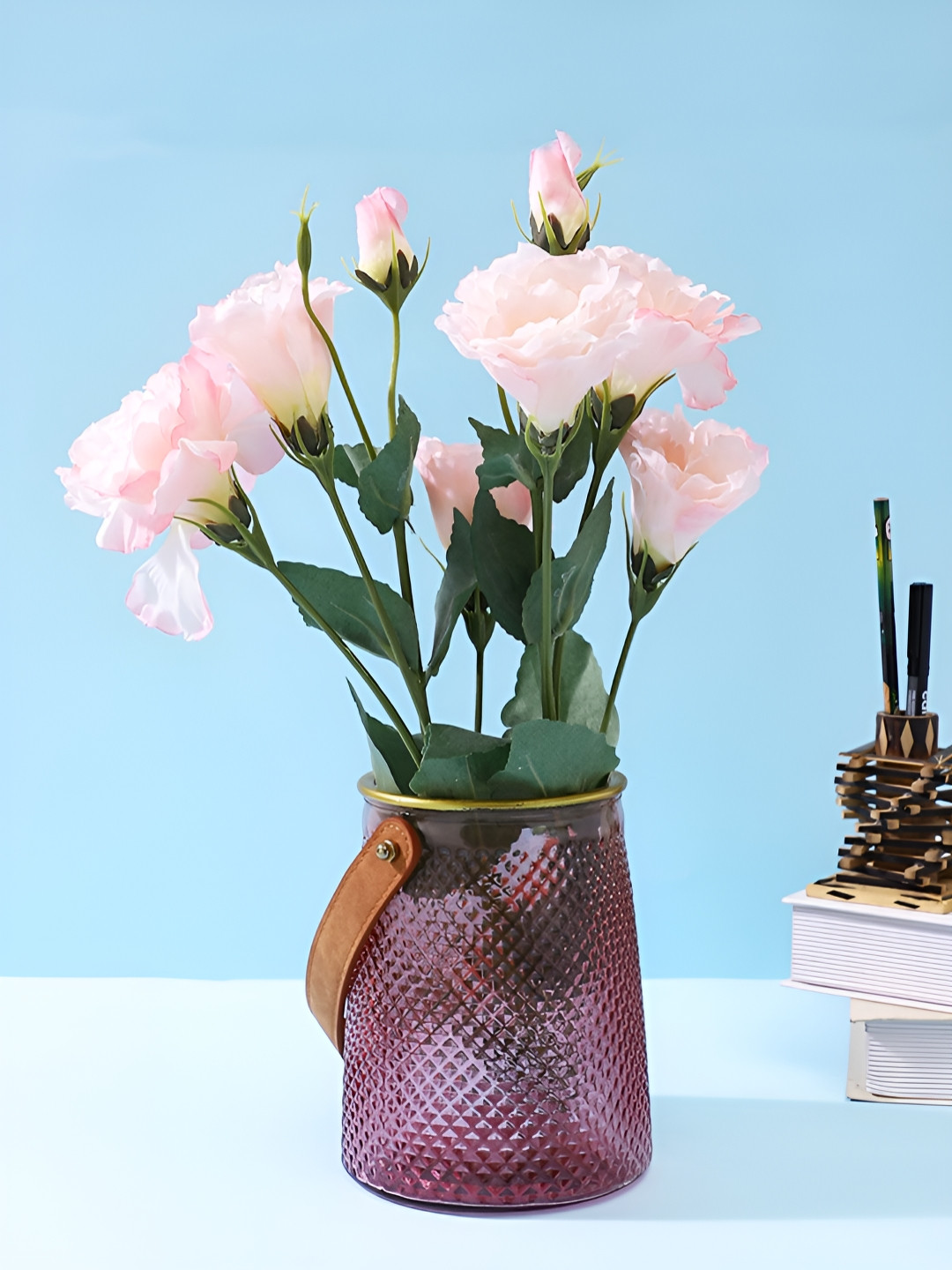 Myntra Elegant Homes Pink & Brown Woven Textured Glass Lantern Flower Vase With Handle