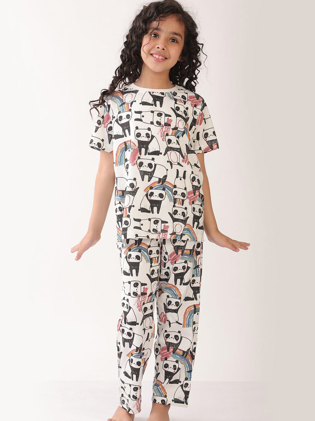 Anthrilo Girls Summer Panda Short Sleeve Pyjama Set White
