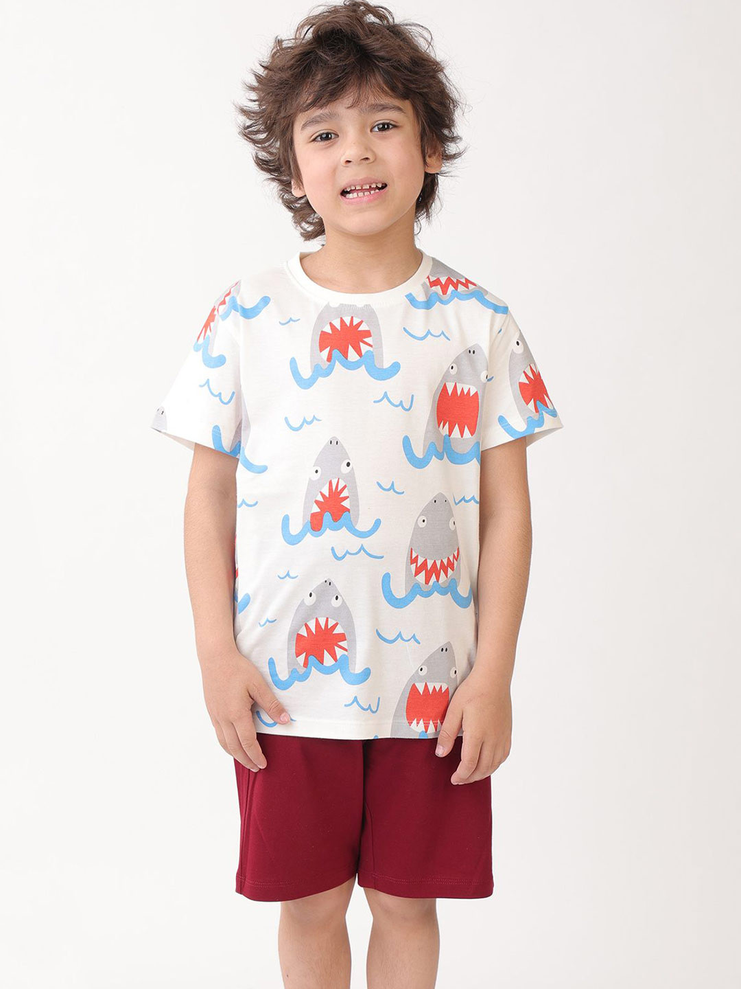 Anthrilo Boys Shark Mehroon Sleepwear Short Set