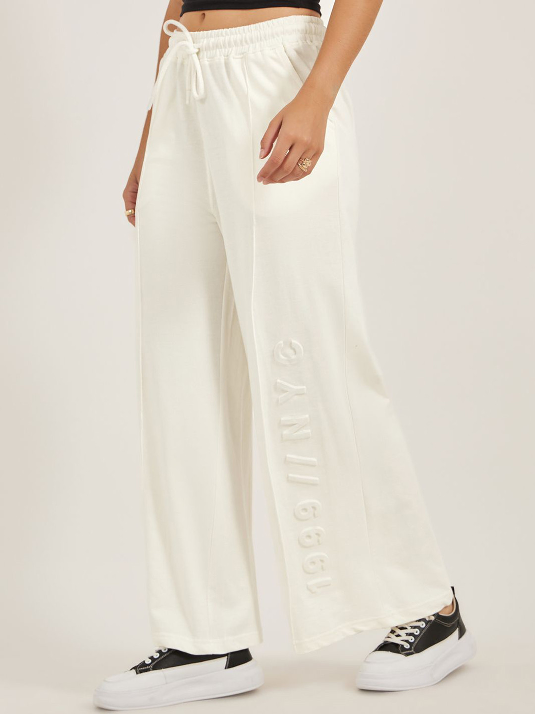 Styli Women Emboss Print Wide Leg Jogger With CF Seam High Waist Full Length