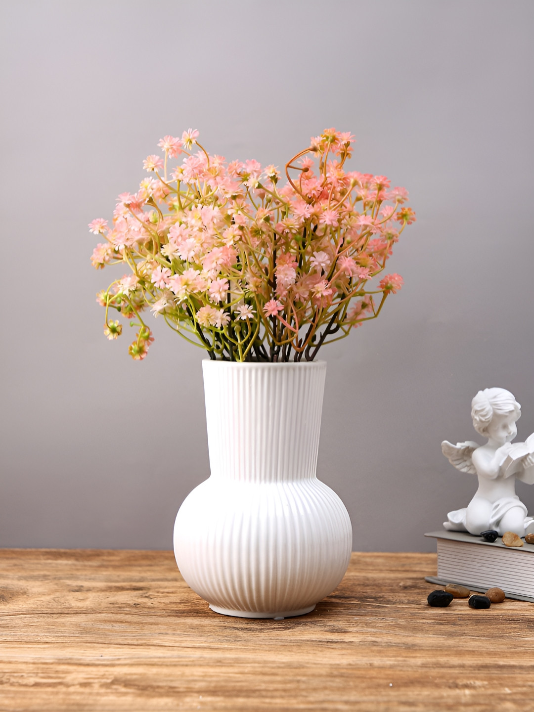 Myntra Elegant Homes White Striped Ceramic Glossy Flower Vase