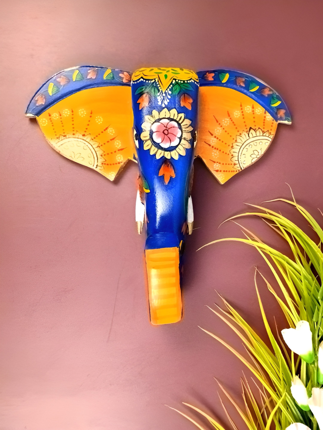 apka mart Elephant Face Wood Ethnic Motifs Glossy Hanging Hall Wall Masks-11In