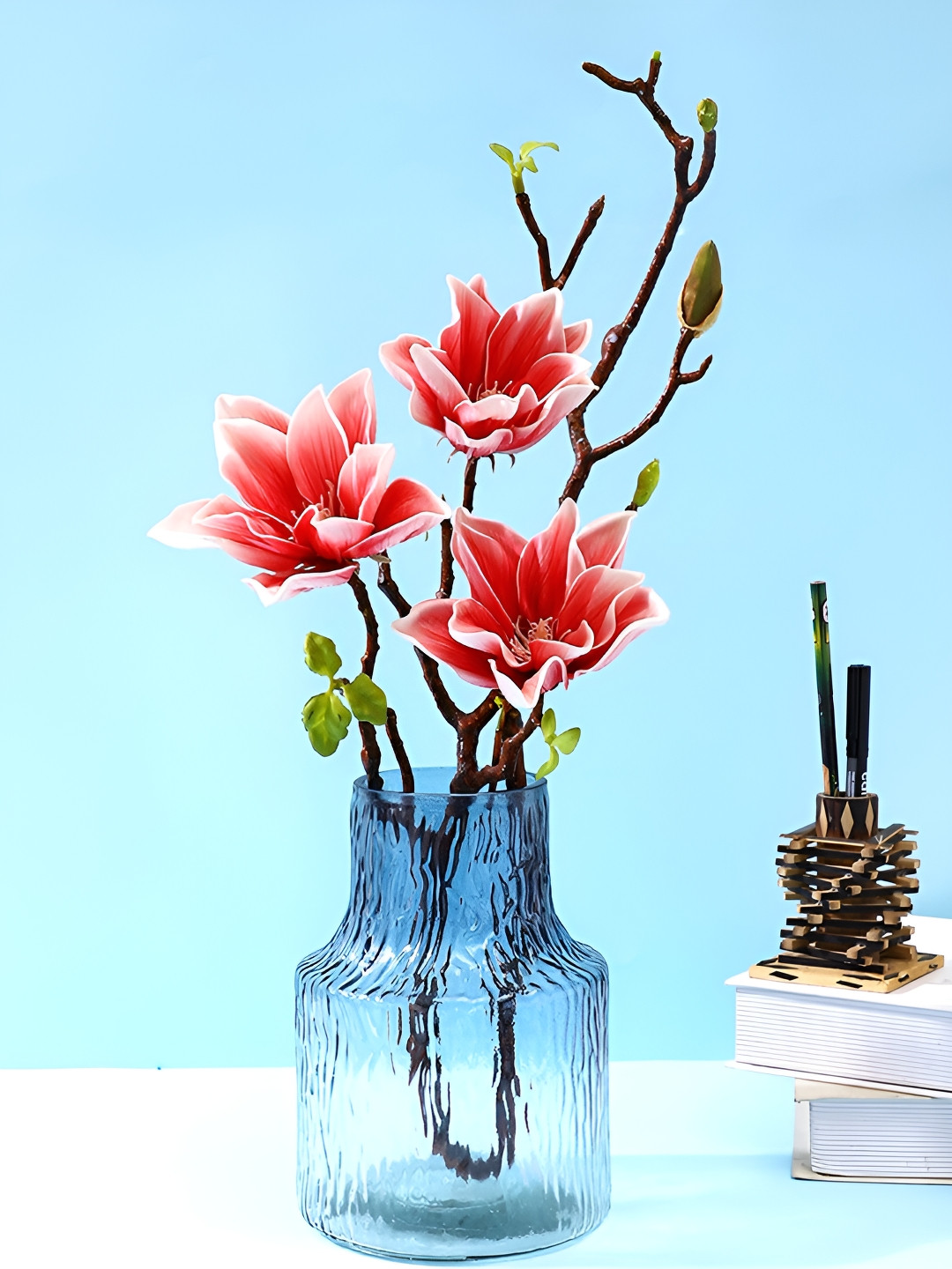 Myntra Elegant Homes Blue Ripple-Textured Glass Glossy Flower Vase