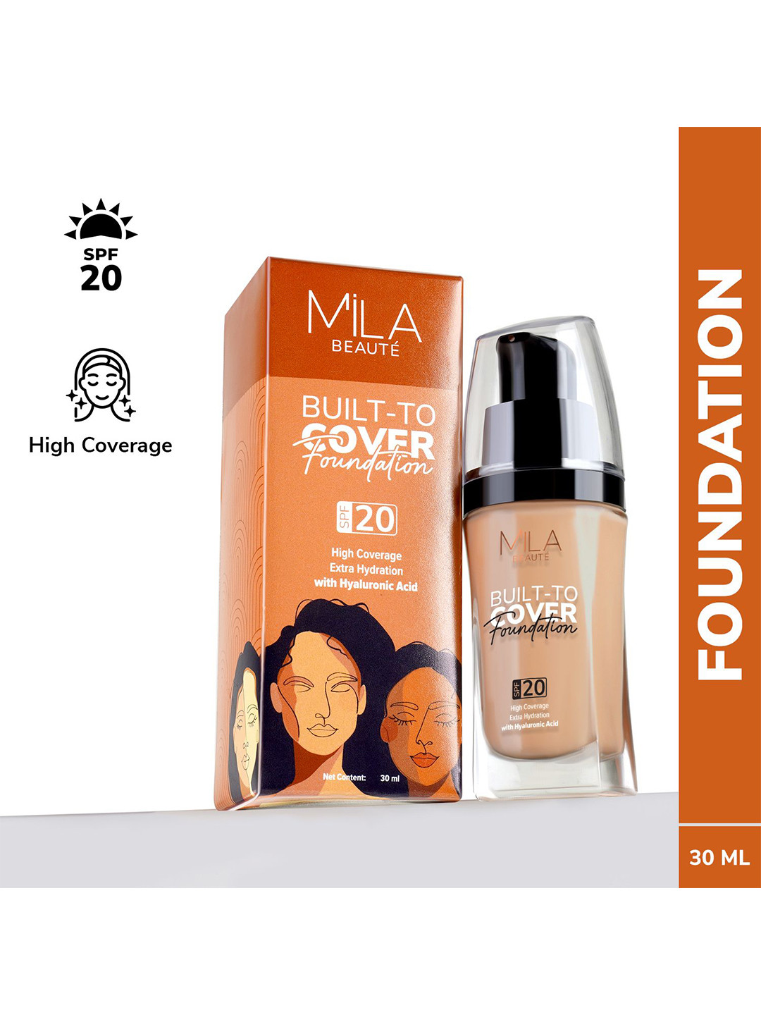 MILA BEAUTE Built To Cover Foundation SPF 20 With Hyaluronic Acid - 30 ml - Neutral Wheat