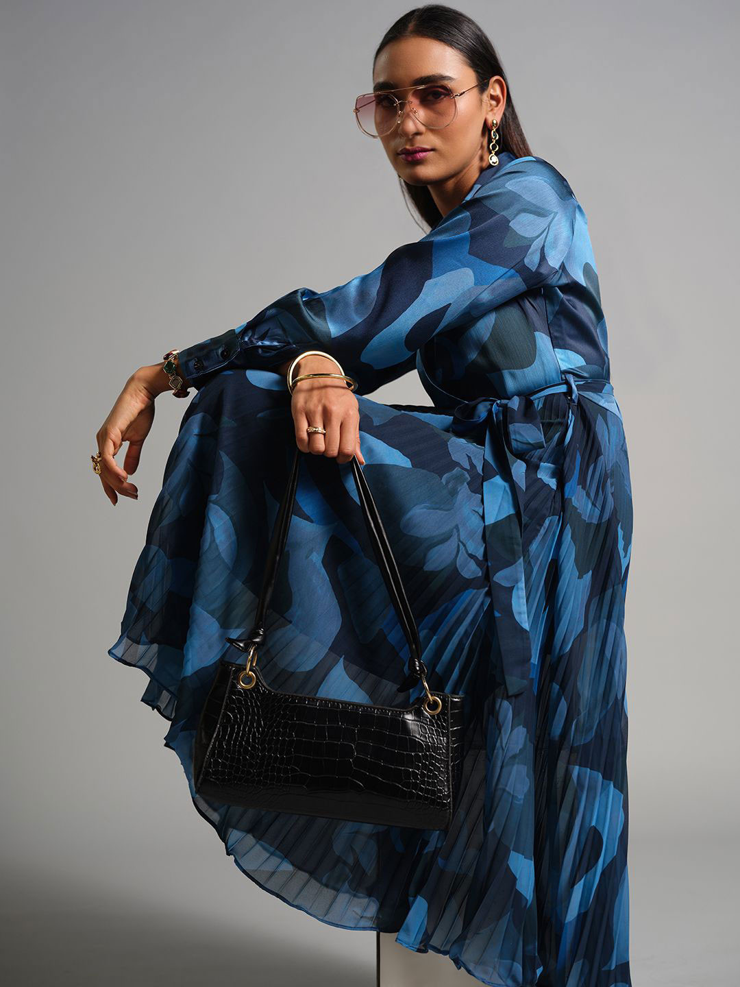 AND Floral Printed Accordion Pleats Detail Wrap Midi Dress