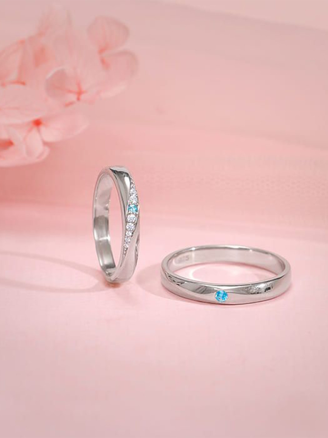 GIVA Unisex Set of 2 Cubic Zirconia Studded 925 Sterling Silver Cherish Couple Bands Rings