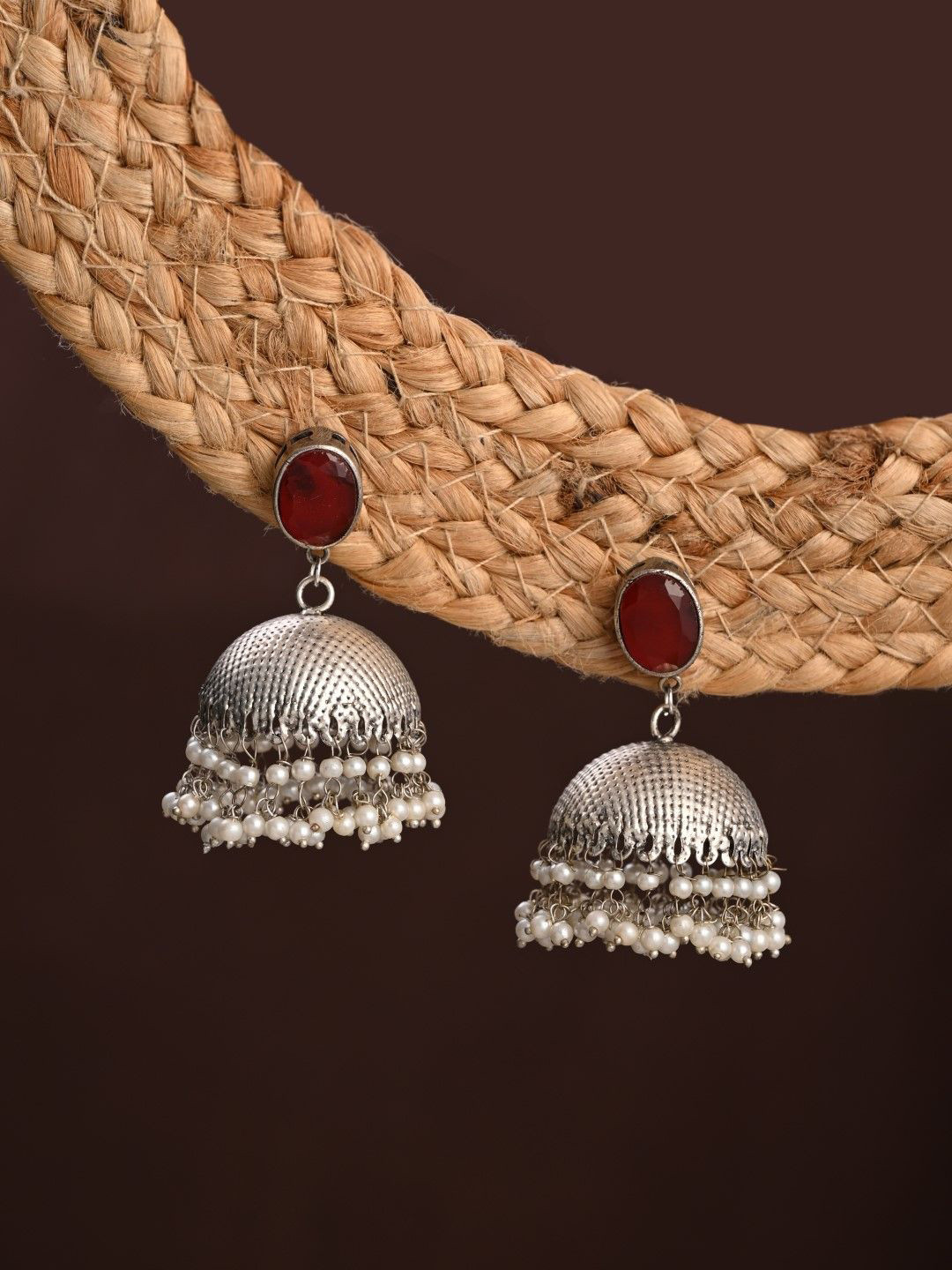 Anvik Silver-Plated Artificial Beaded & Gemstones Studded Dome Shaped Oxidised Jhumkas