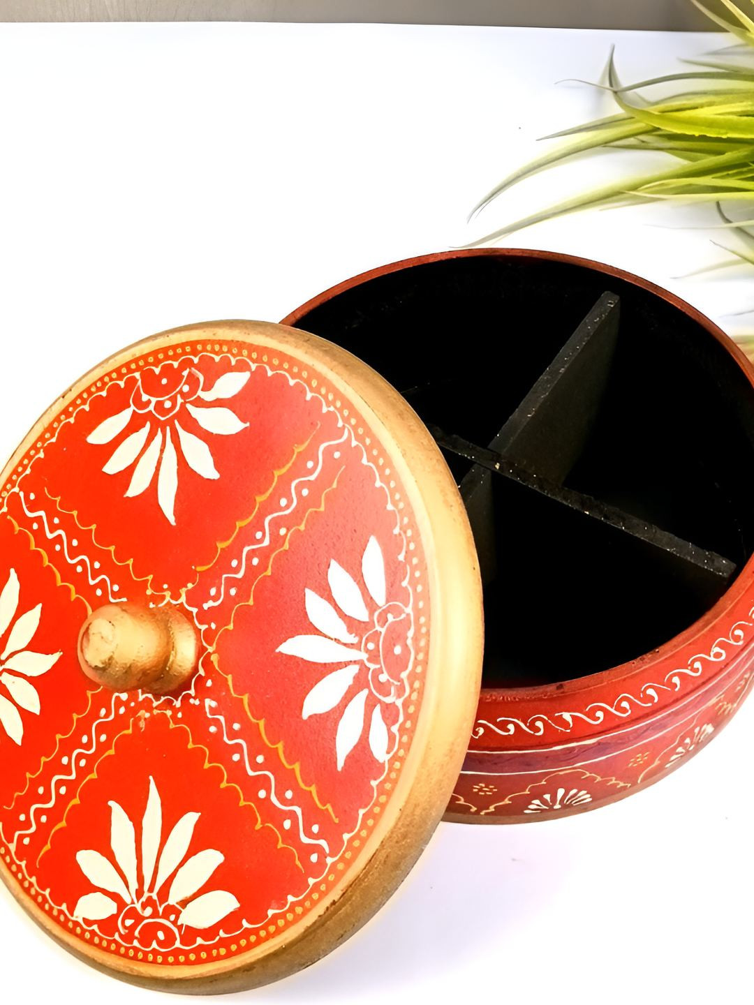 Apka Mart Mukhwas Bowl Red Floral Wood Clip-On Canister