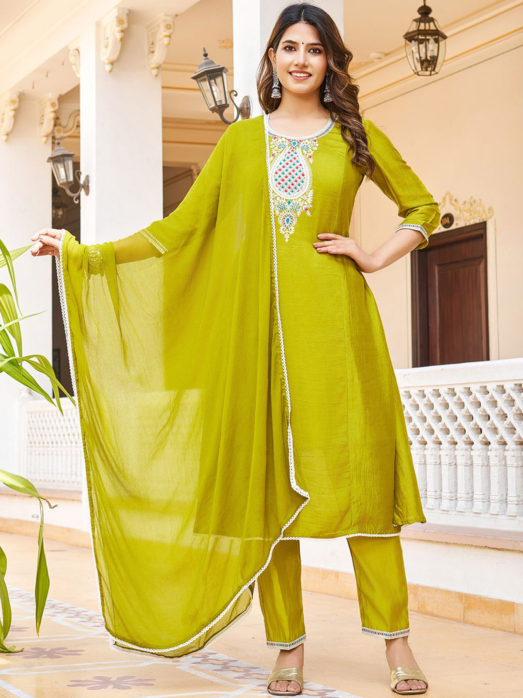 VIBE VISION Floral Yoke Design Panelled Thread Work A-Line Kurta With Trouser & Dupatta
