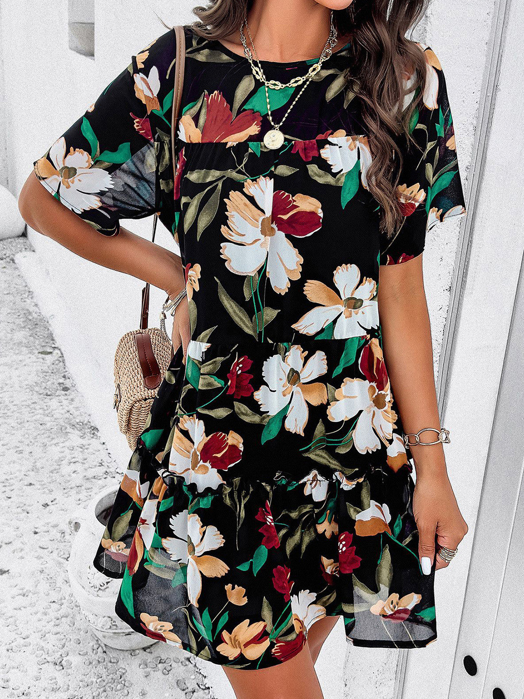 Mast & Harbour Floral Print Drop Shoulder Sleeves A-Line Dress