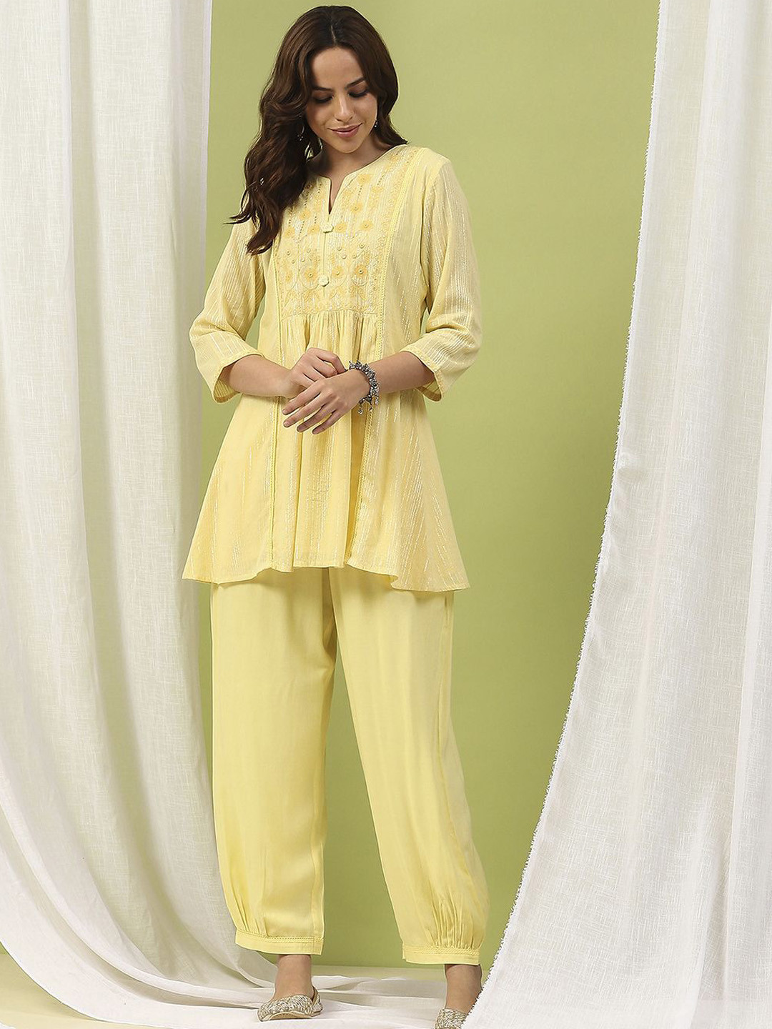 Nayam By Lakshita Floral Yoke Design Notch Neck Thread Work Pure Cotton Kurti With Salwar