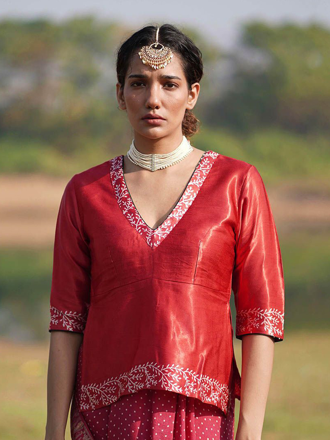 Chidiyaa Rang Barse Madhav Block Printed V-Neck Mashru Silk Saree Blouse