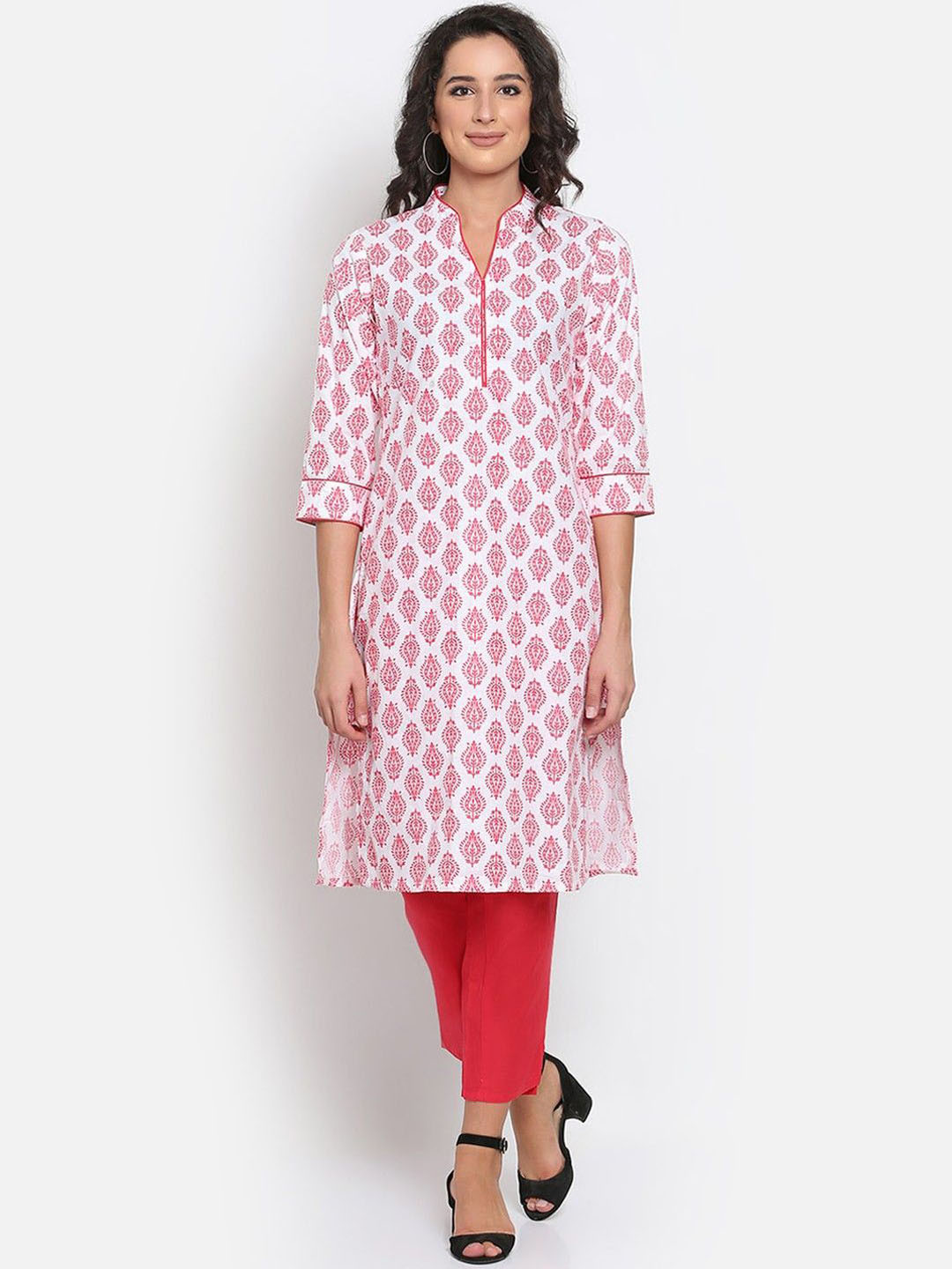 MARC LOUIS Ethnic Motifs Printed V-Neck Pure Cotton Kurta with Trousers