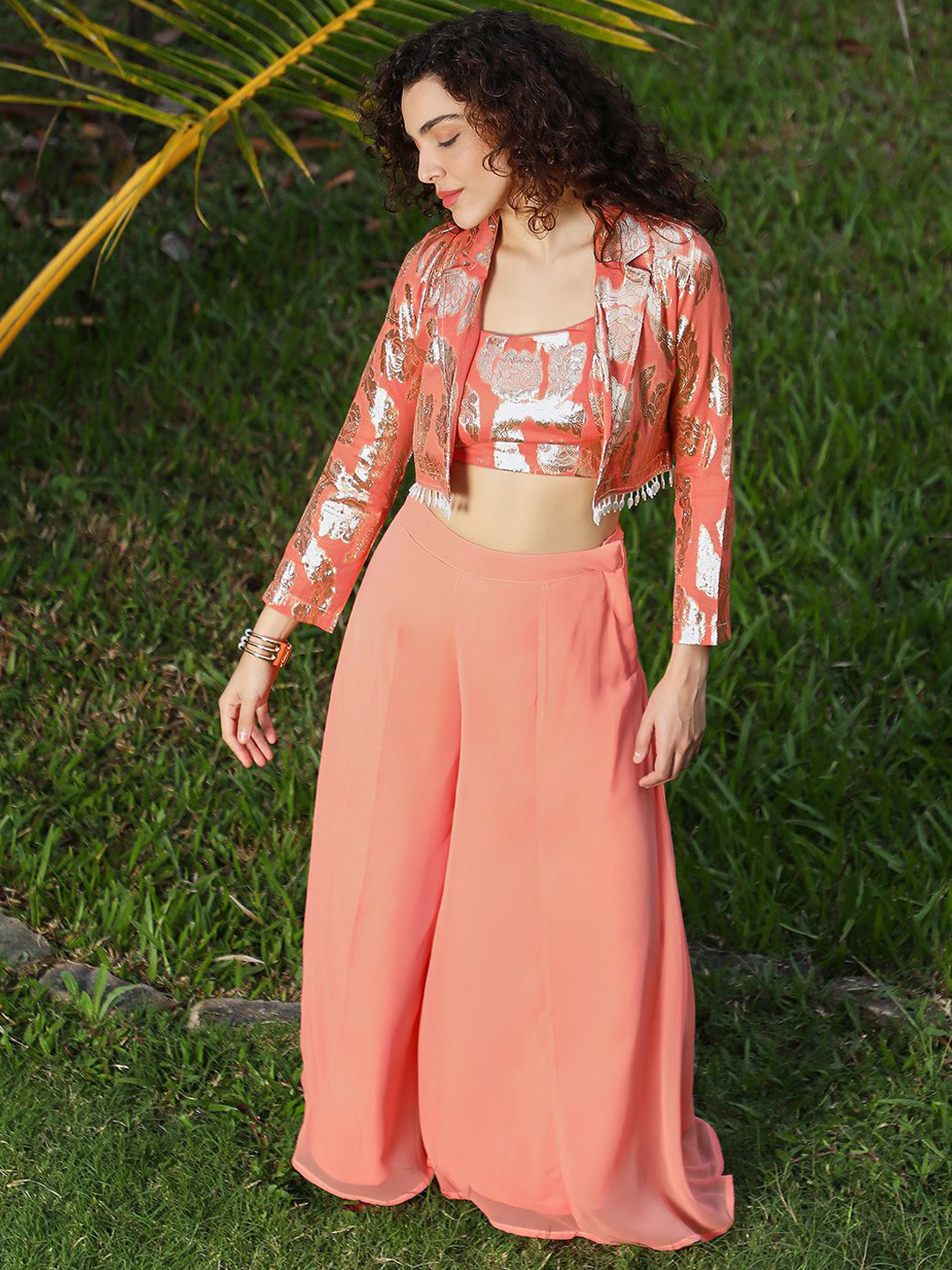 QISSA Pink Embellished Crop Top With Palazzo & Jacket Co-Ord Set