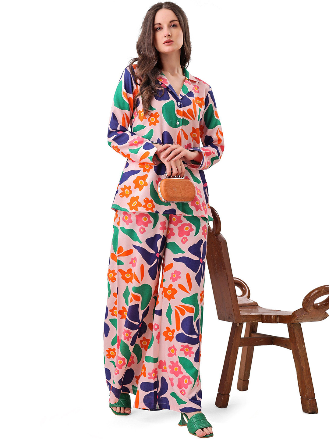 FAB GALAXY Floral Printed Shawl Collar Shirt With Palazzos