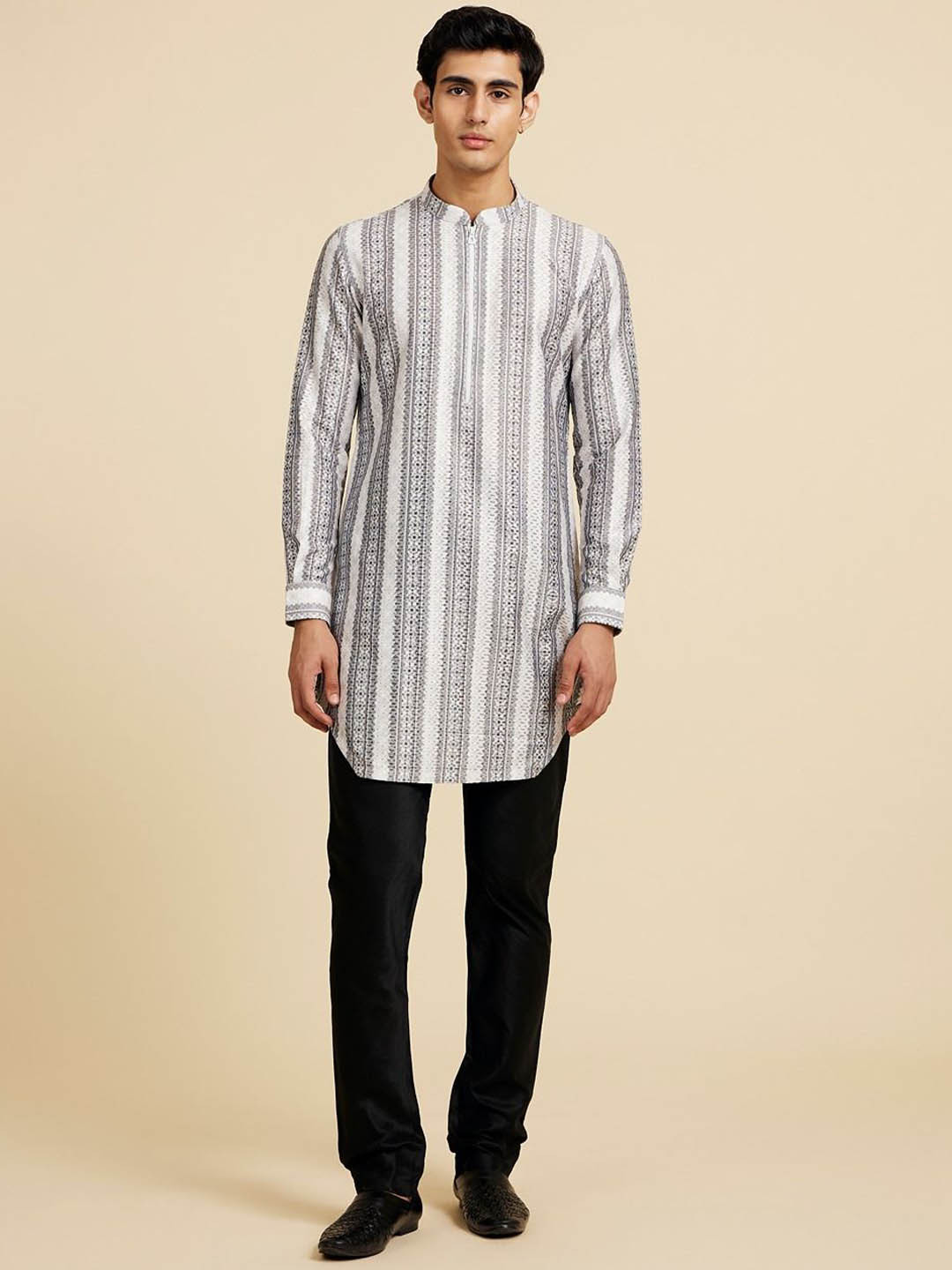 Diwas by Manyavar Woven Design Mandarin Collar Straight Raw Silk Kurta