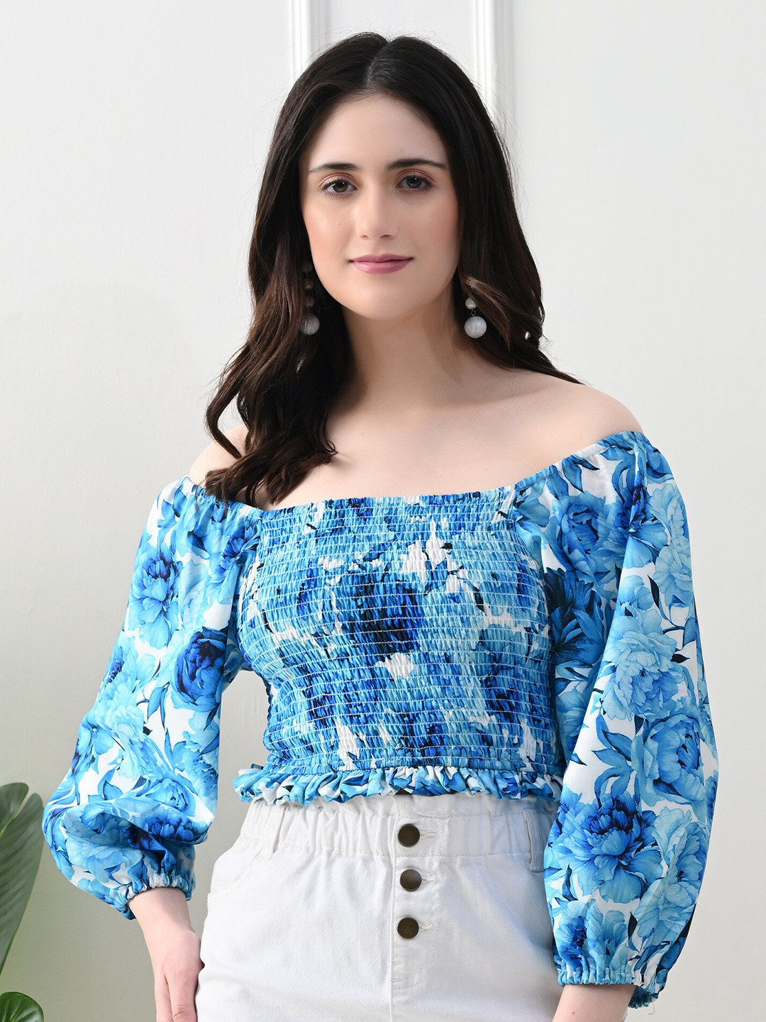 FLYING FEST Women Off-Shoulder Puff Sleeve Crop Top