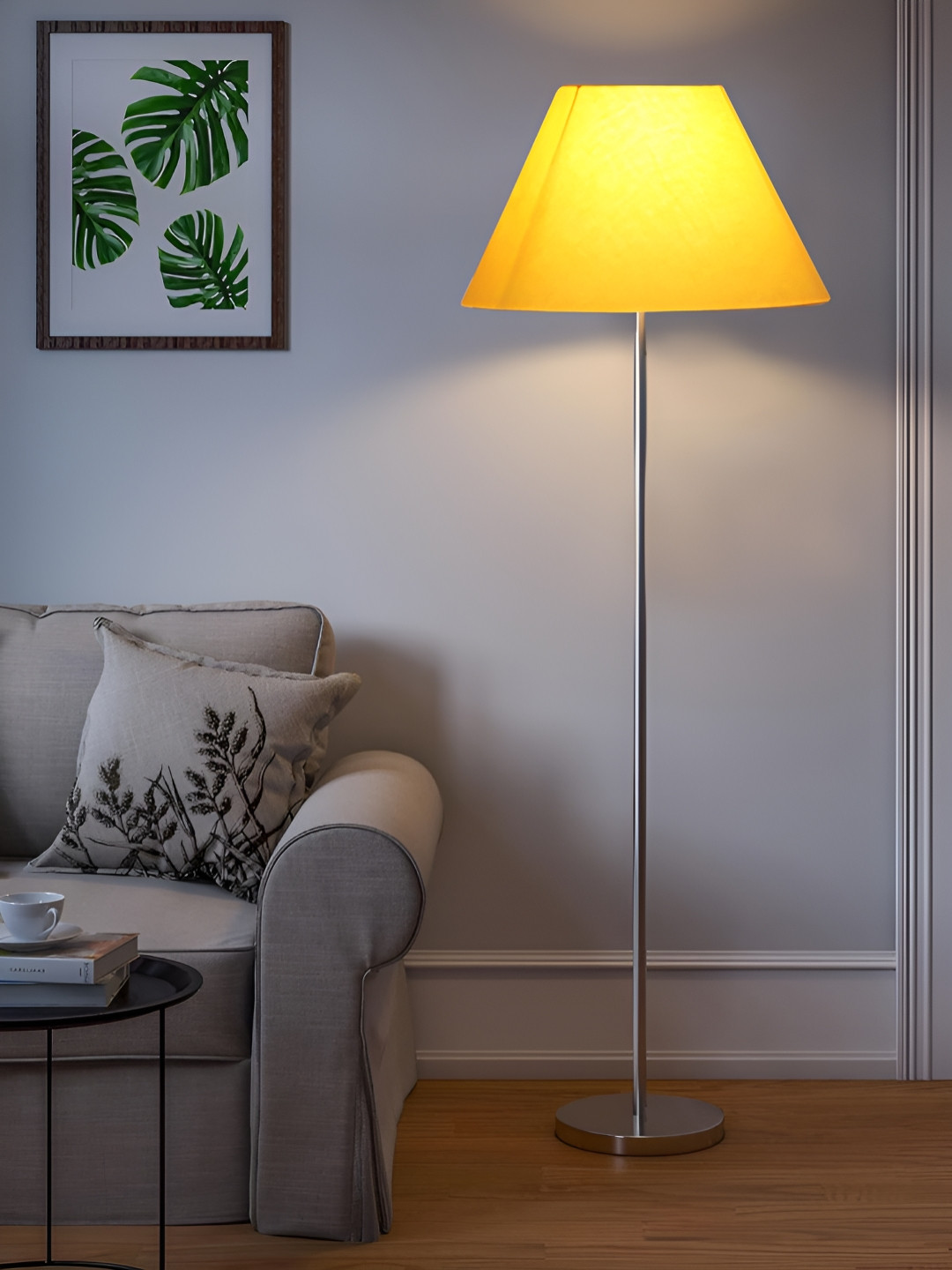 Devansh Yellow & Grey Cotton Frustum Shade Steel Base Floor Lamps